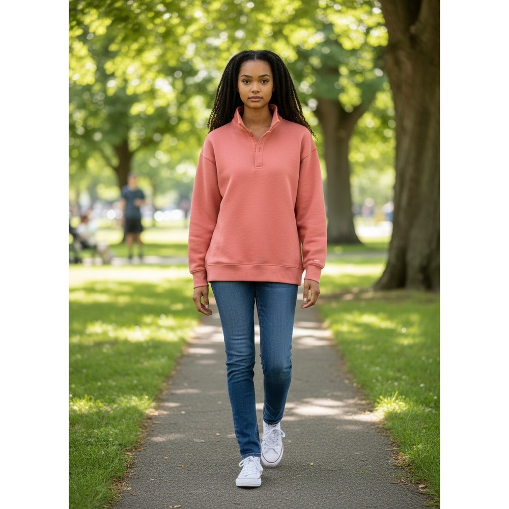 Mondetta Pullover Sweatshirt Womens Small Coral Pink Excellent Button Mock Neck